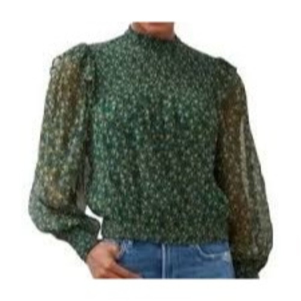 Free People Roma Forest Green Floral Sheer Mock Neck Long Sleeve Blouse Medium